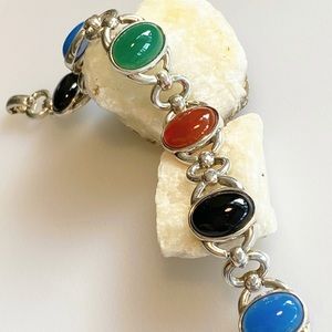 VTG-Sterling Silver 925 Multi Color Onyx, Carnelian & Chalcedony Link Bracelet